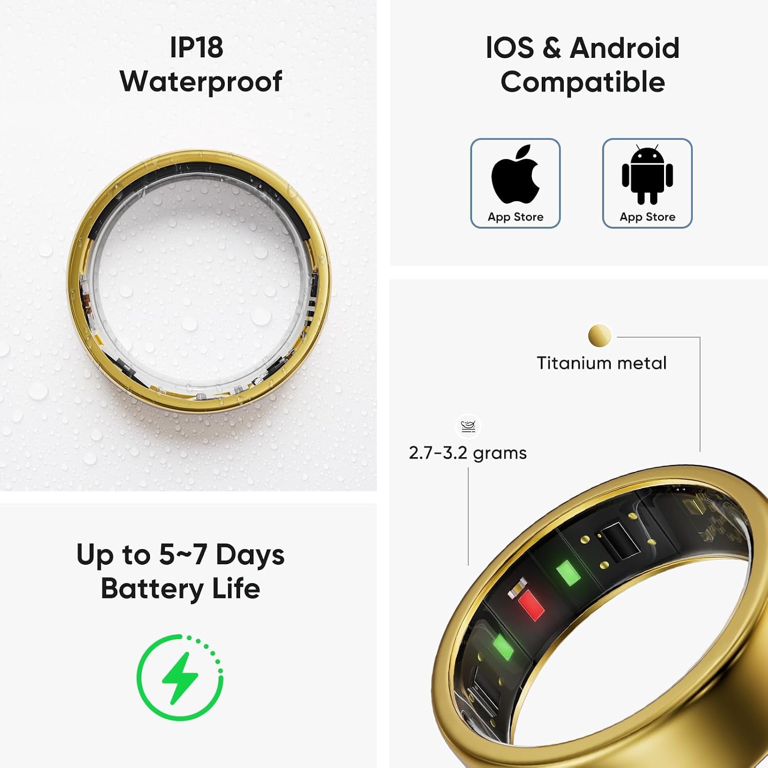 Titanium Smart Ring for Women & Men – Ultra-Light (2.7–3.2G), 4–6 Days Battery, 500Mah Case for 3 Recharges, Health & Fitness Tracker (Gold 9)