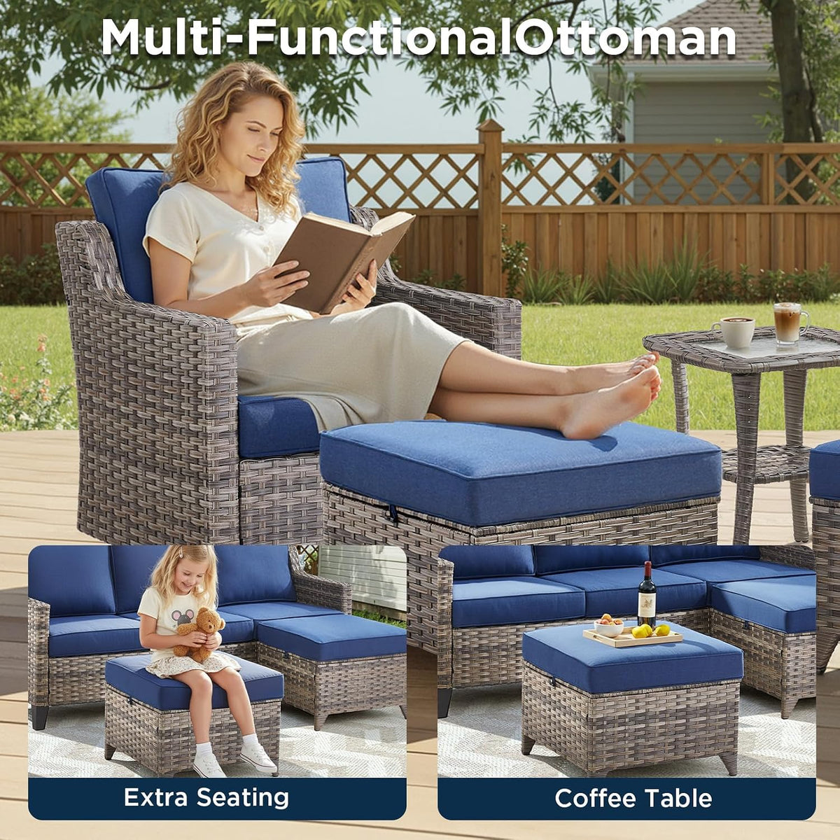 Outdoor Patio Furniture Set-5 Pieces All-Weather Wicker Outdoor Furniture with Swivel Patio Chairs Outdoor Patio Conversation Sets for Garden Porch Deck Grey/Blue