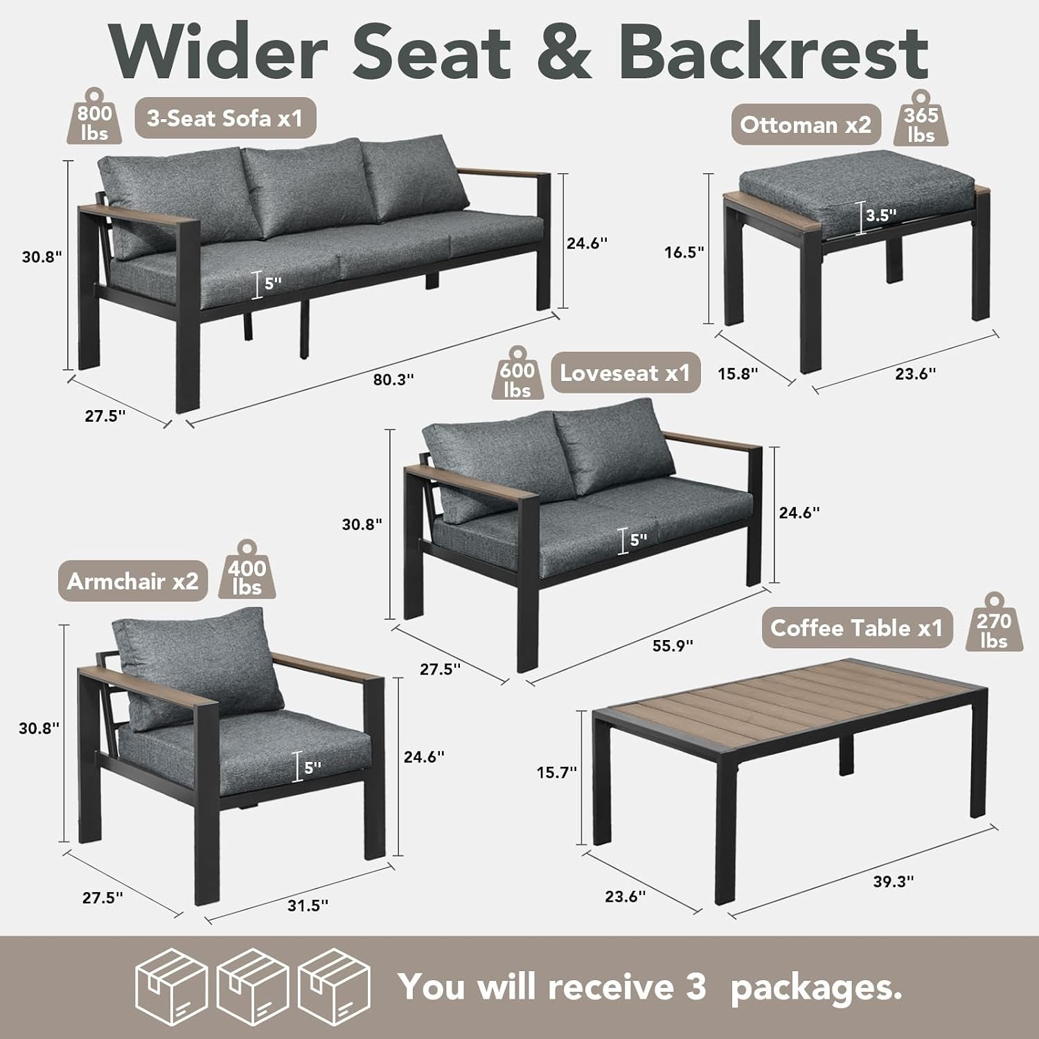 Patio Furniture Set 9 Seats and Coffee Table, 7 Pieces Patio Conversation Set with Thick Cushion, Ottomans, Deluxe Aluminum Modern outside Sectional for Porch, Balcony, Deck, Yard, Light Gray