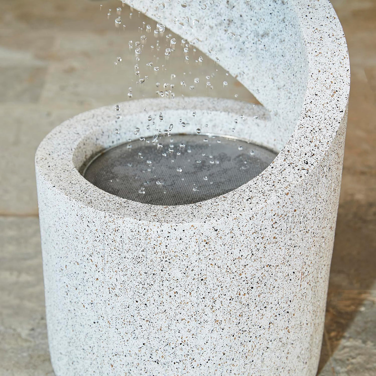 Outdoor Water Fountain with LED Light, Decorative Tiered Curved Waterfall Fountain with Stone Planter, Faux Terrazzo Spiral Shaped Outdoor Fountains for Garden Deck Patio Porch, 31.25”H