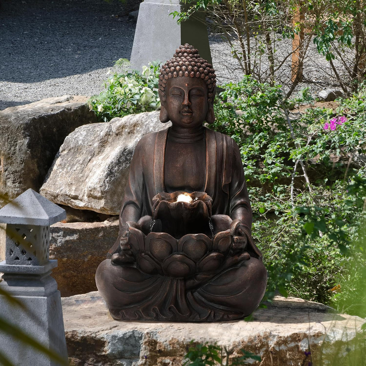 Buddha Fountain with Pump & LED Light, 2 Tier Zen Style Meditating Buddha Water Fountain Outdoor Fountains and Waterfalls Floor Fountains Buddhas Statues for Garden Patio Backyard 23.25" H