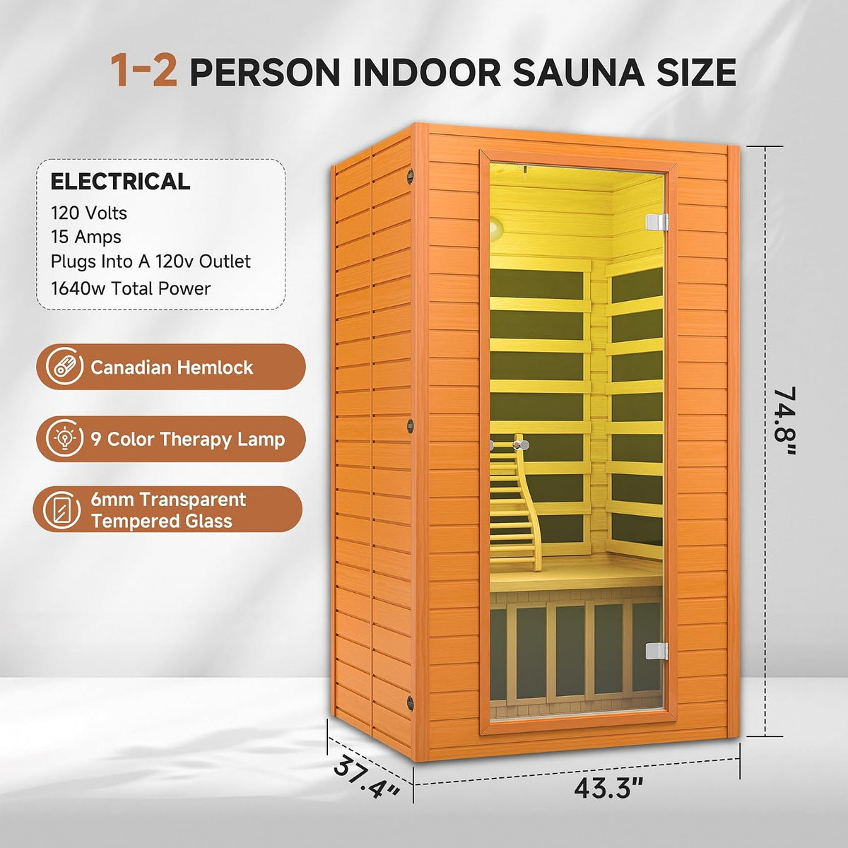 1-2 Person Sauna Low EMF Infrared Sauna with Red Light Therapy