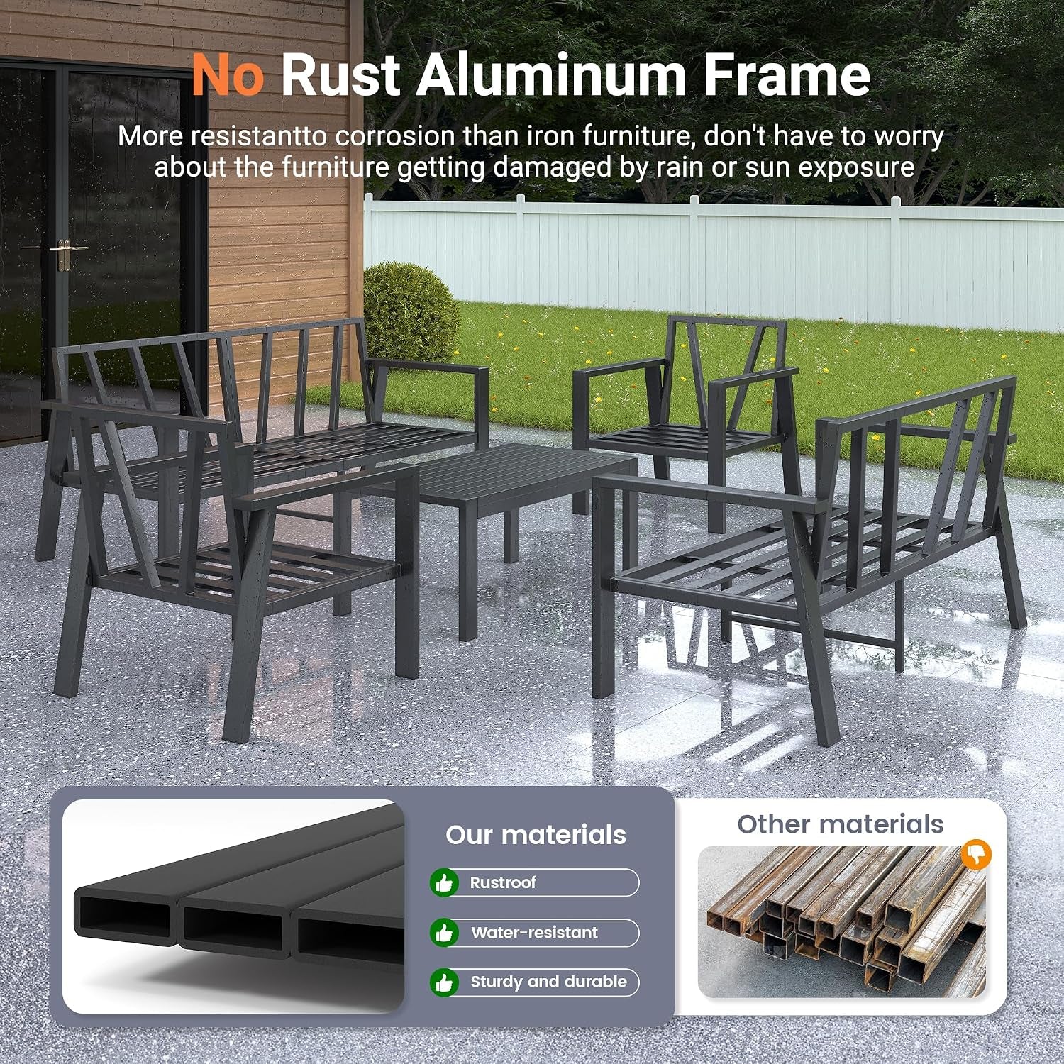 Aluminum Outdoor Patio Furniture Set 5 Pieces Metal Conversation Sets 7 Seat Sectional Sofa Modern Seating Set with Coffee Table for Outdoor Garden Backyard, Dark Grey