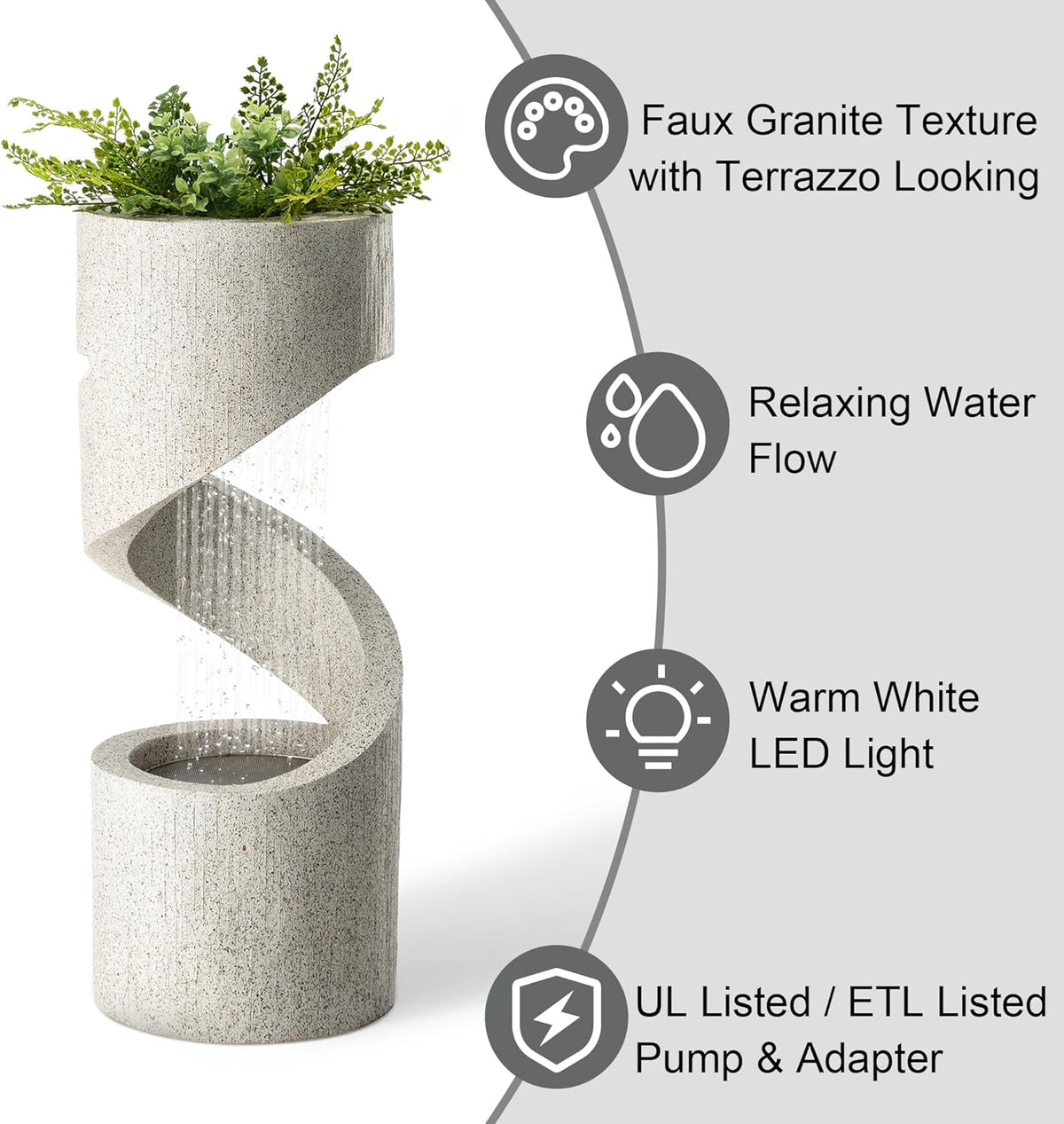 Outdoor Water Fountain with LED Light, Decorative Tiered Curved Waterfall Fountain with Stone Planter, Faux Terrazzo Spiral Shaped Outdoor Fountains for Garden Deck Patio Porch, 31.25”H