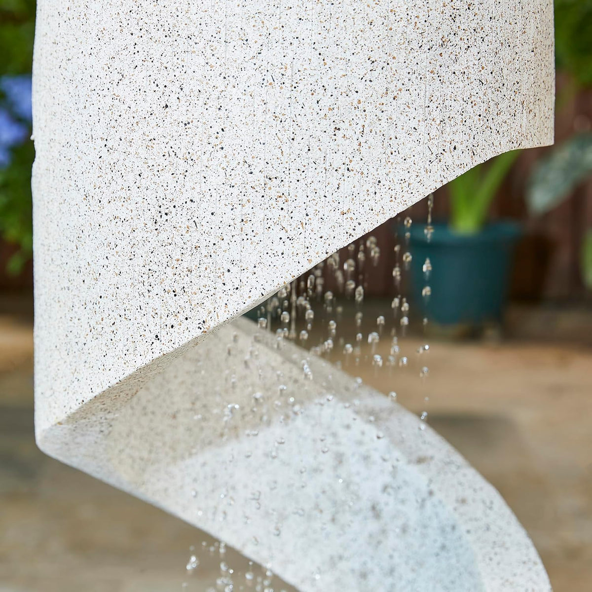 Outdoor Water Fountain with LED Light, Decorative Tiered Curved Waterfall Fountain with Stone Planter, Faux Terrazzo Spiral Shaped Outdoor Fountains for Garden Deck Patio Porch, 31.25”H