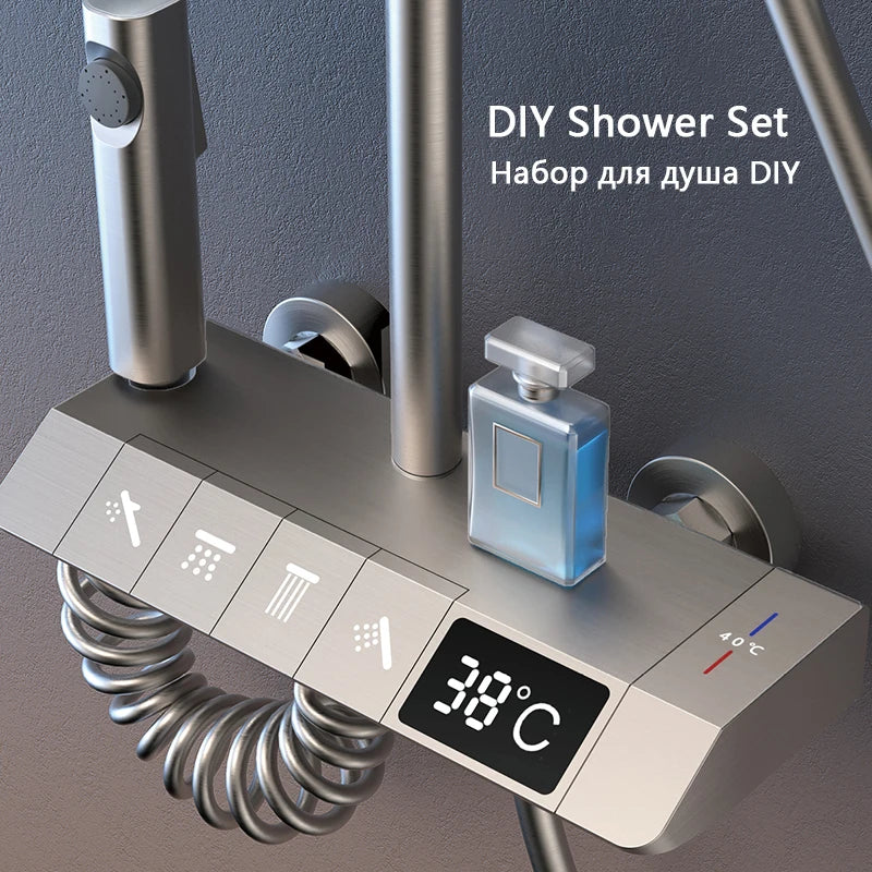 Gray Shower Set Bathroom Copper Shower System LED Digital Display Temperature Bathtub Shower Faucet DIY Shower Accessories Sets