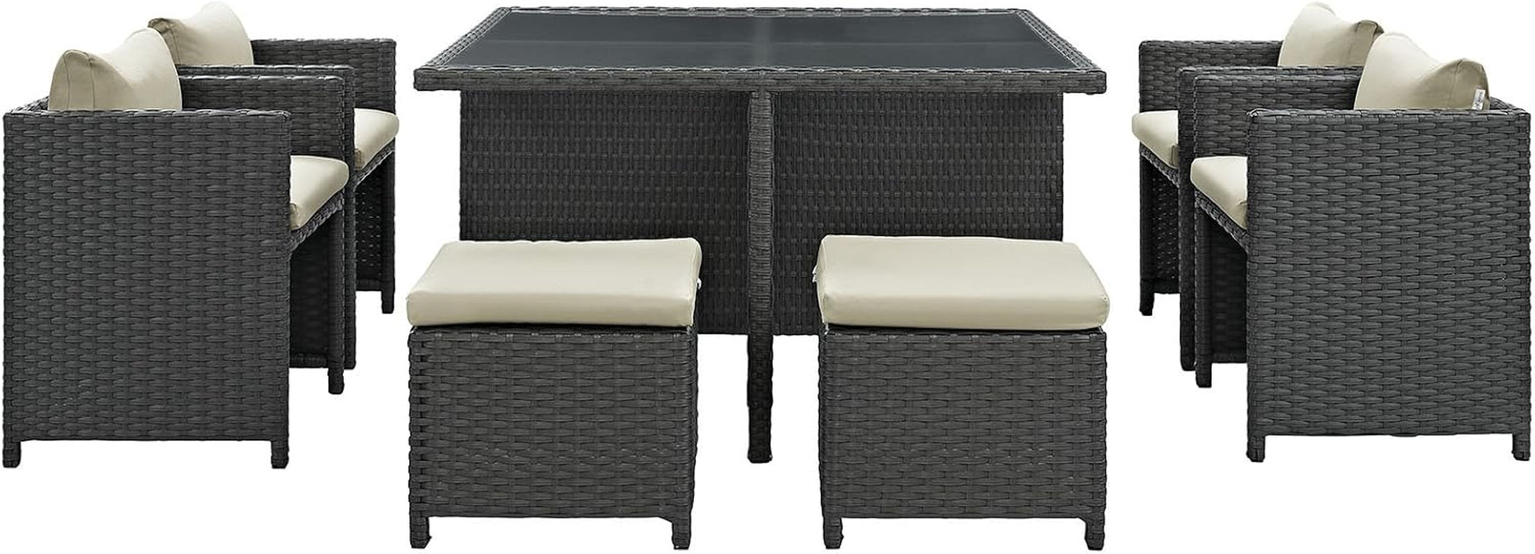 Sojourn Wicker Rattan Outdoor Patio Sunbrella Fabric, 9-Pc Dining Set in Antique Canvas Beige