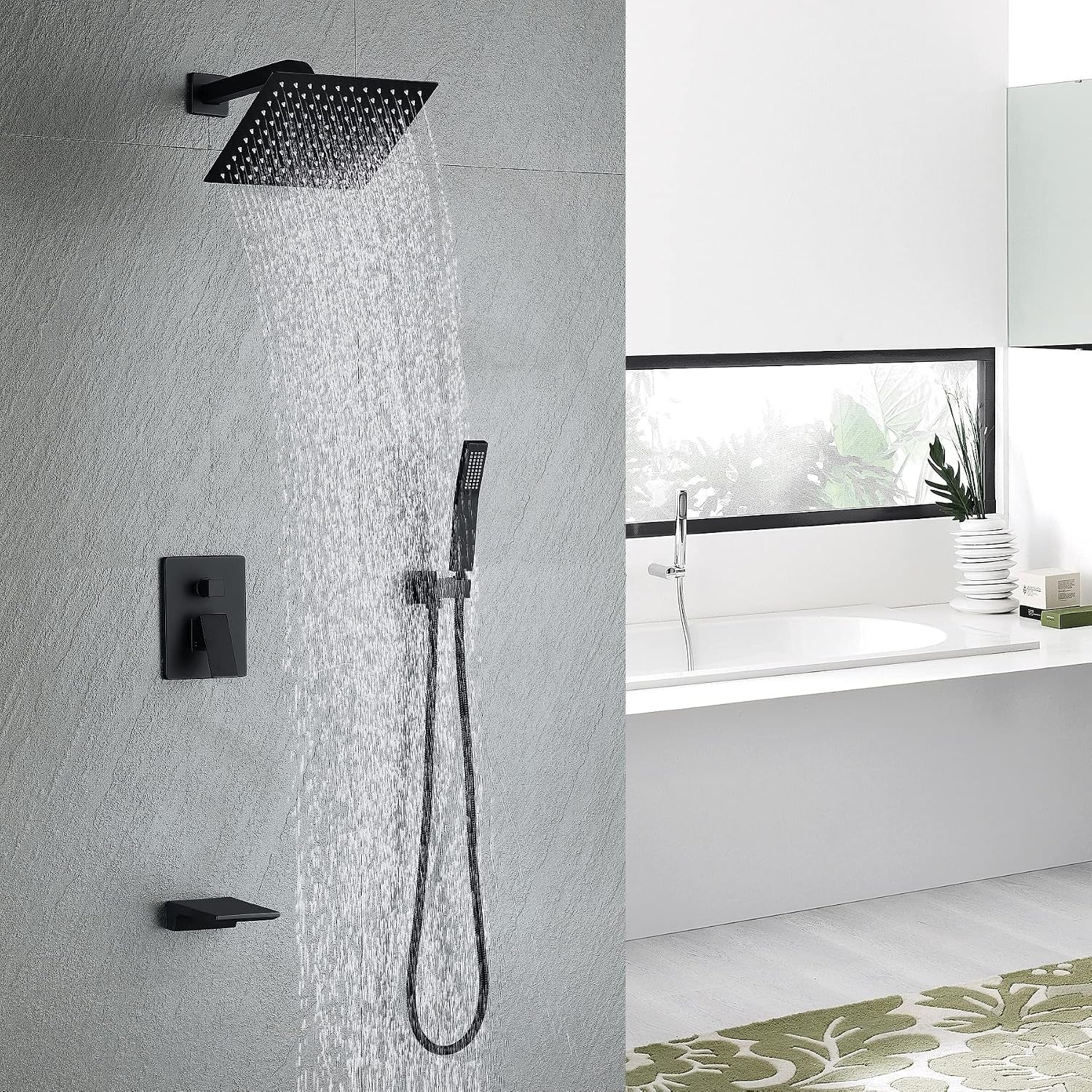 Bathtub Shower System Matte Black Shower and Tub Faucet Set with 10 Inch Rian Shower Head and Handheld Spray Mix Shower Combo,Including Rough-In Valve and Shower Trim Kit