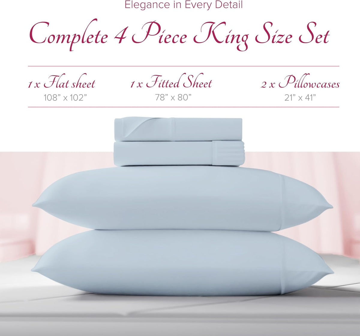 Egyptian Cotton Sheets King Size - Luxury 1200 Series High Thread Count King Size Sheets Set (4 PC, Light Blue) Silky Soft, Cooling, Sateen Weave, 17" Deep Pocket, Hotel Bed Sheet Set