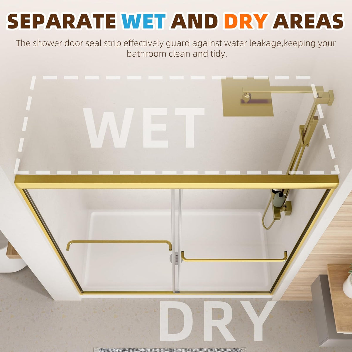 Double Sliding Shower Door,44-48" W X 70" H，Brush Gold