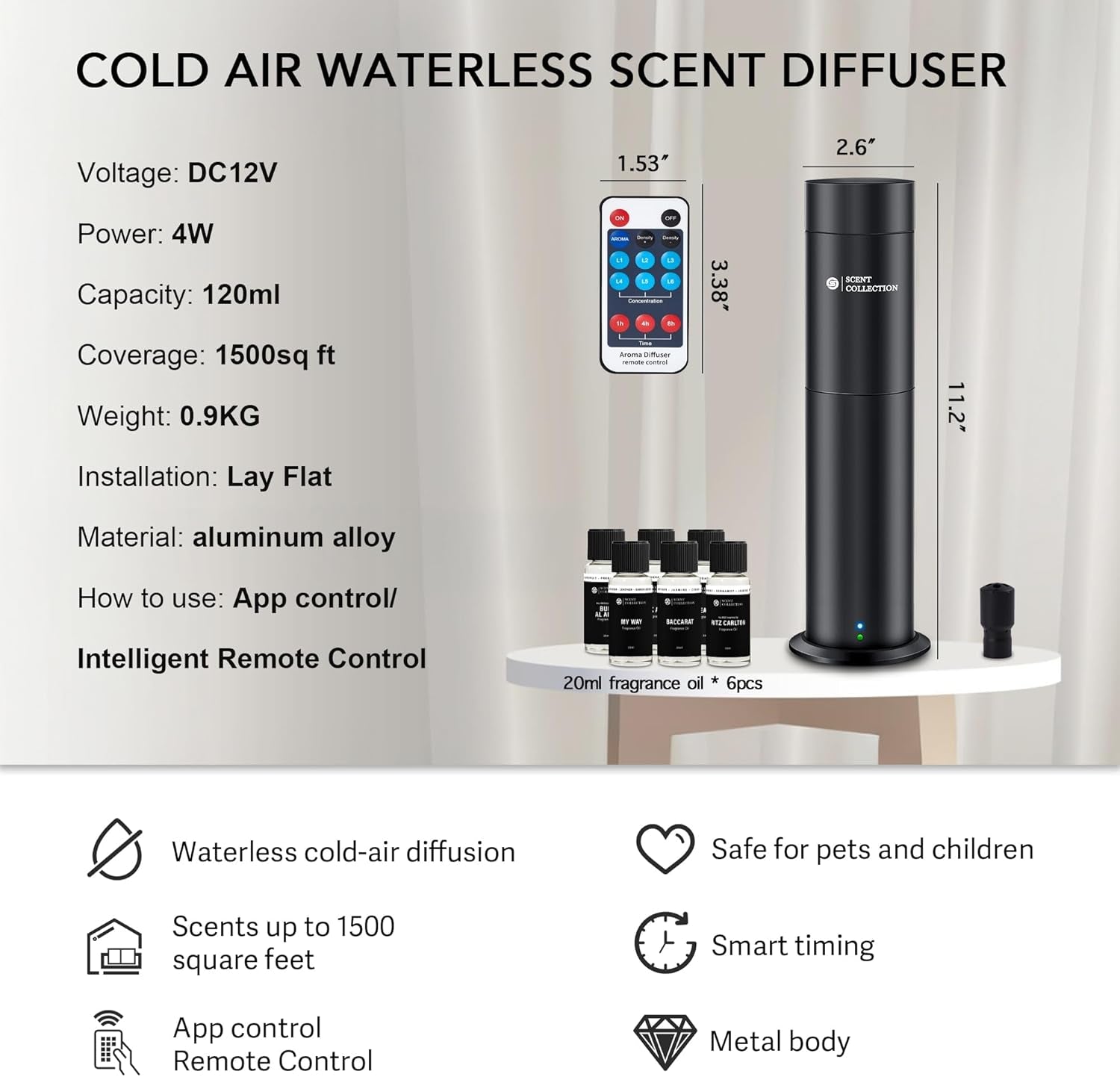 Hotel Waterless Scent Diffuser with 6 Fragrance Oils Covers up to 700 Sq Ft