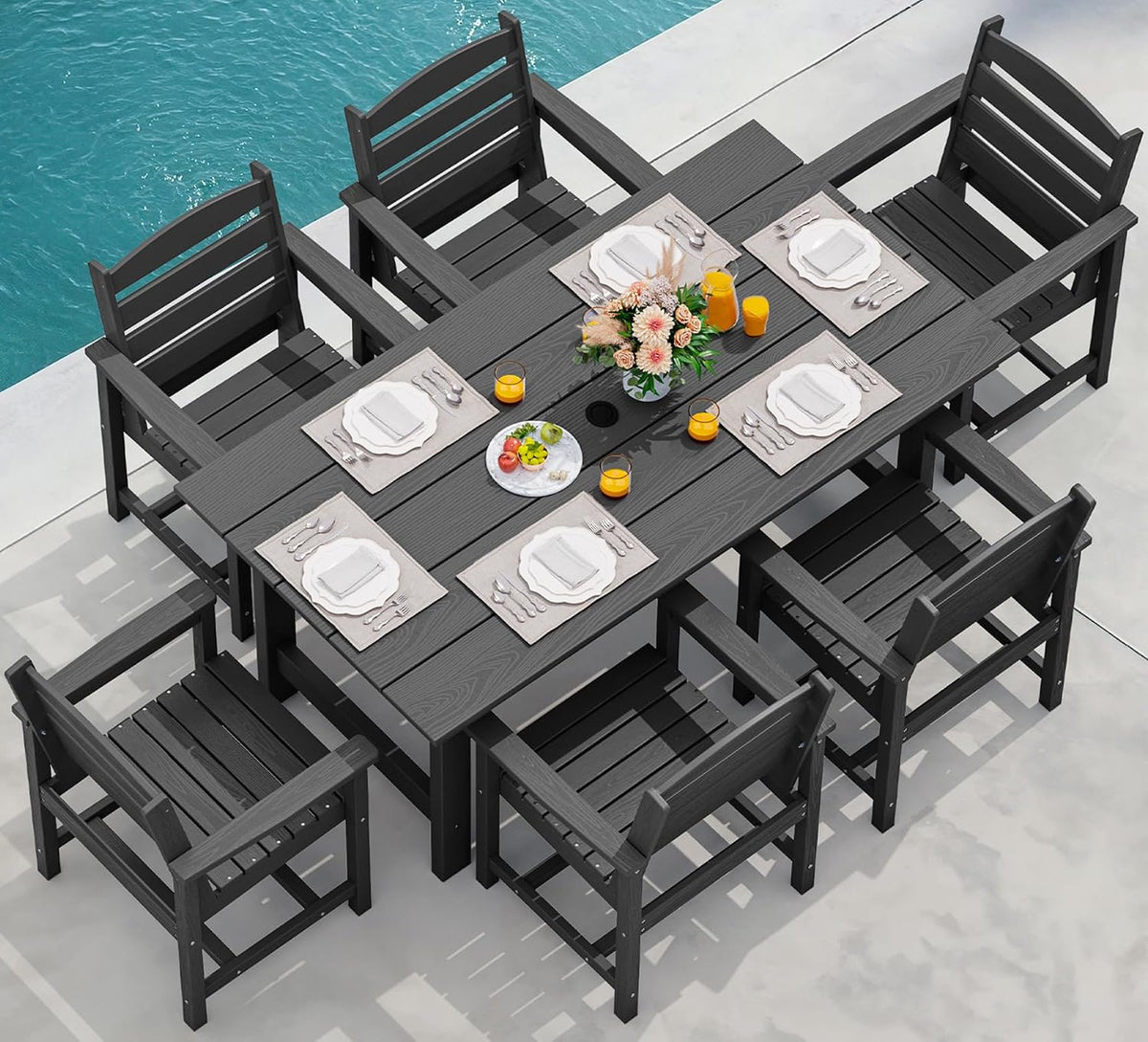 7 Pcs Outdoor Dining Set, 67" HDPE Dining Set for 6, Black