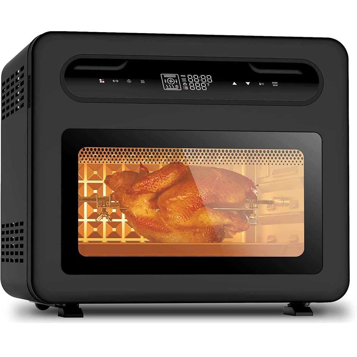 Black Geek Chef air fryer toaster oven with rotisserie chicken inside, digital touch screen and orange heating elements