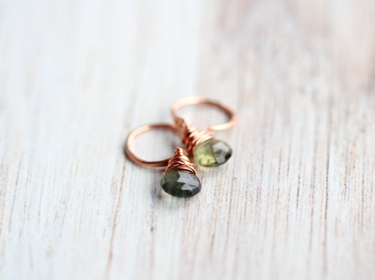 Rose gold filled hoops with copper-toned wire wrapping blue-green gemstones