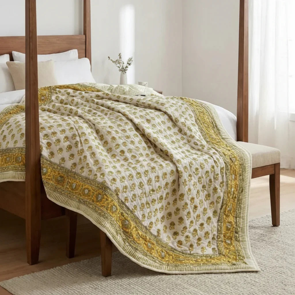 Quilted comforter draped over wooden four-poster bed showcasing mustard yellow and olive green botanical prints