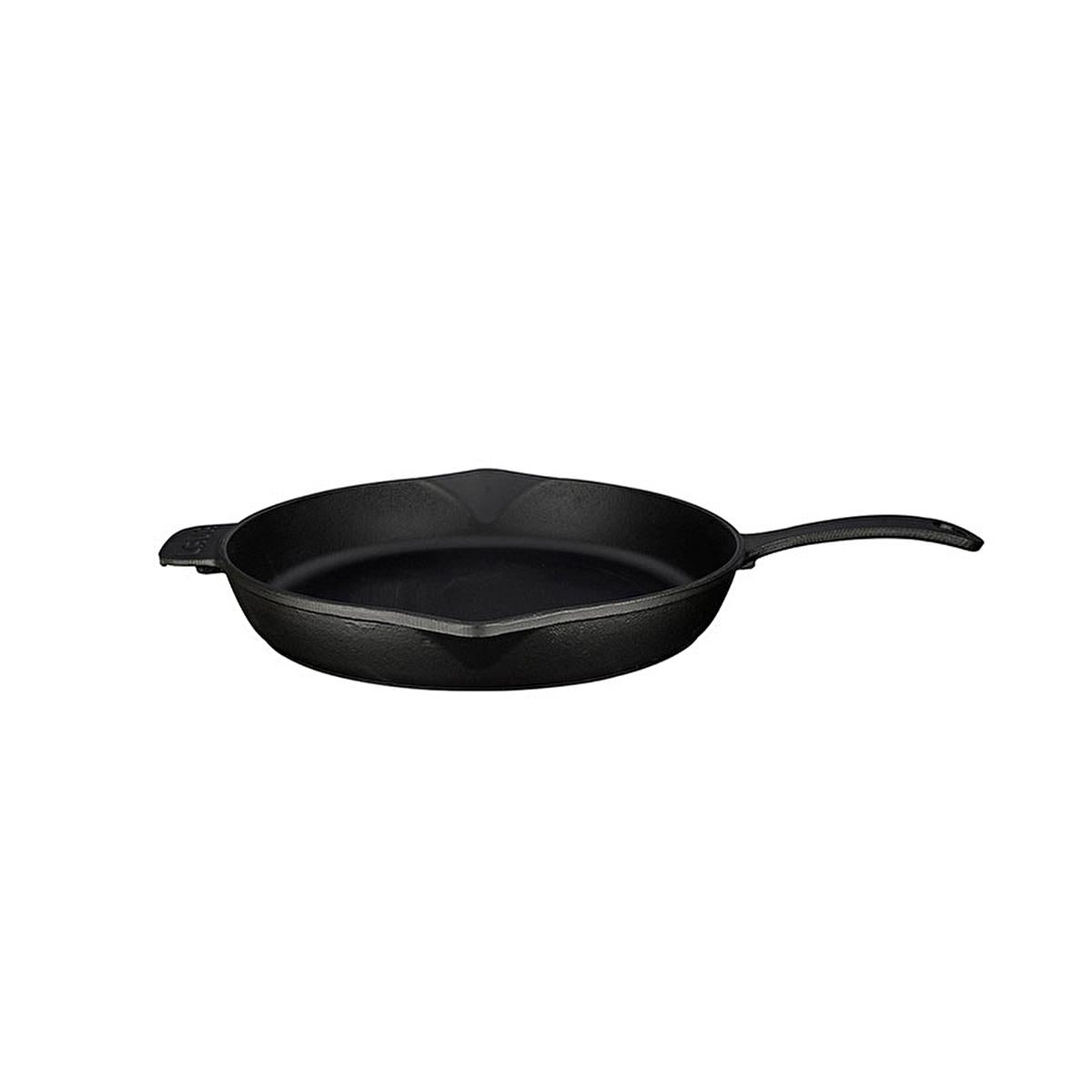 Side view of black 28cm enamel coated cast iron frying pan with long handle