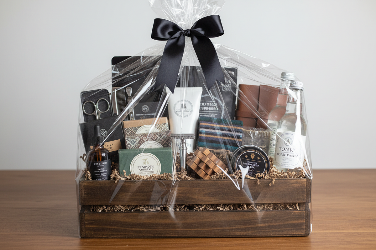 Cellophane-wrapped wooden crate topped with black bow featuring beard oil, shaving soap, striped tie, and massage tool