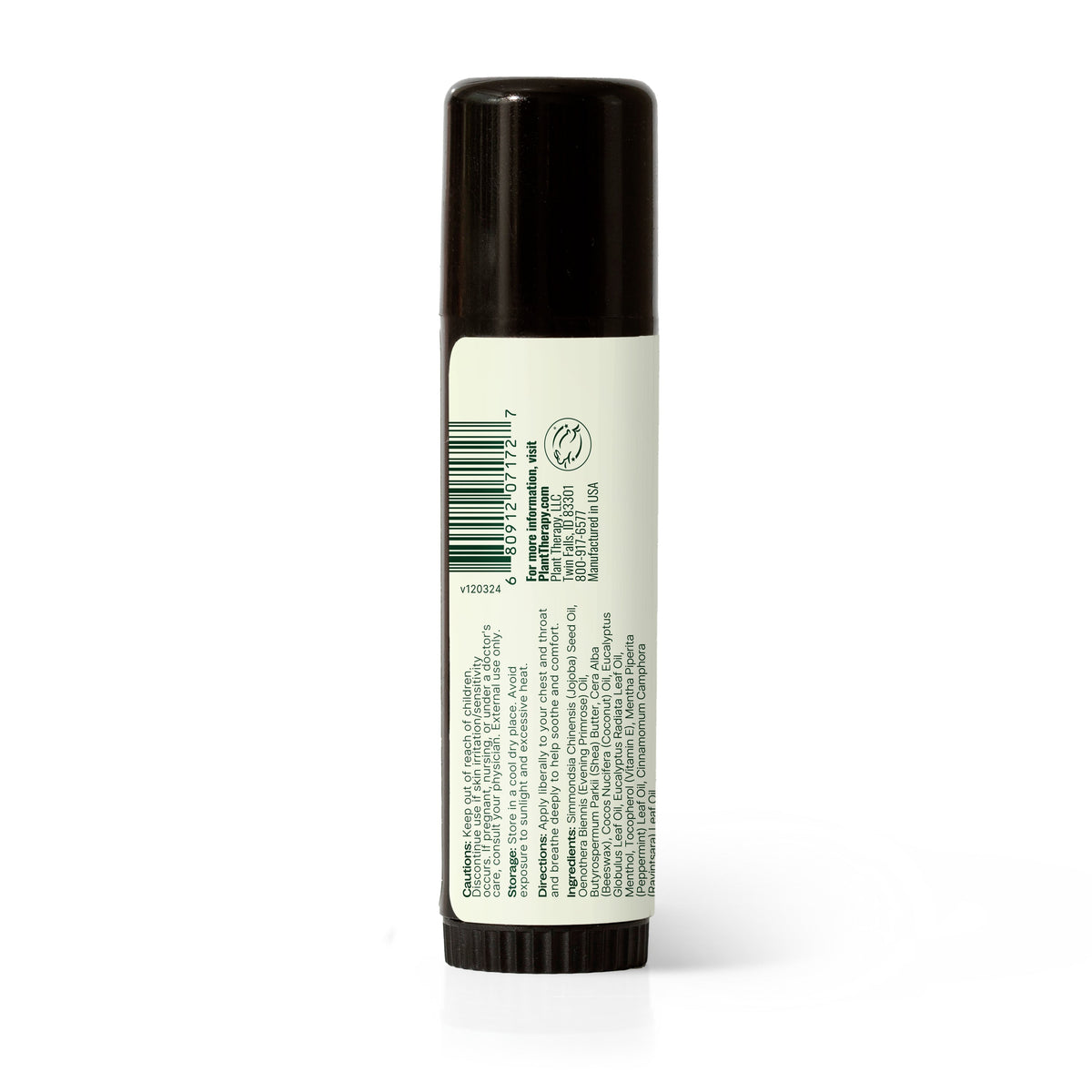 Back of black chest rub stick showing white label with ingredient list and barcode