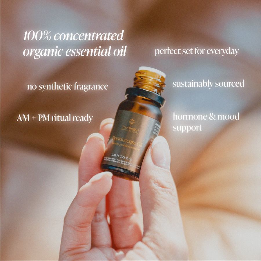 Hand holding uncapped Frankincense oil bottle against warm brown background with overlaid white text describing product