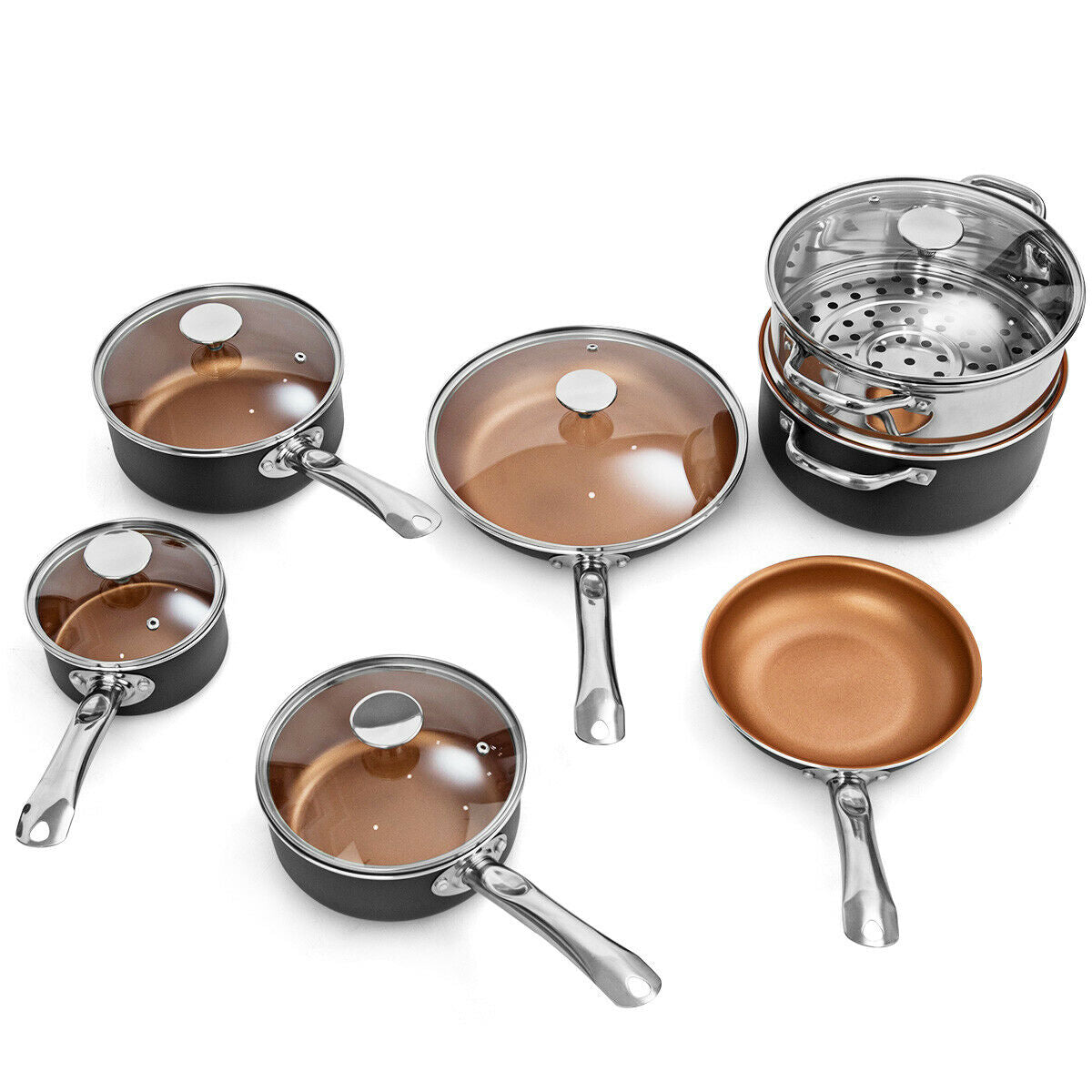 White background display of black and copper cookware including saucepans with glass lids, large frying pan, omelet pan, and