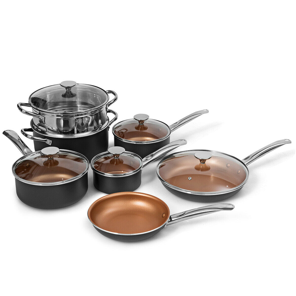 Studio shot of matte black exterior cookware set with copper interiors, stainless steel handles, and clear glass lids with
