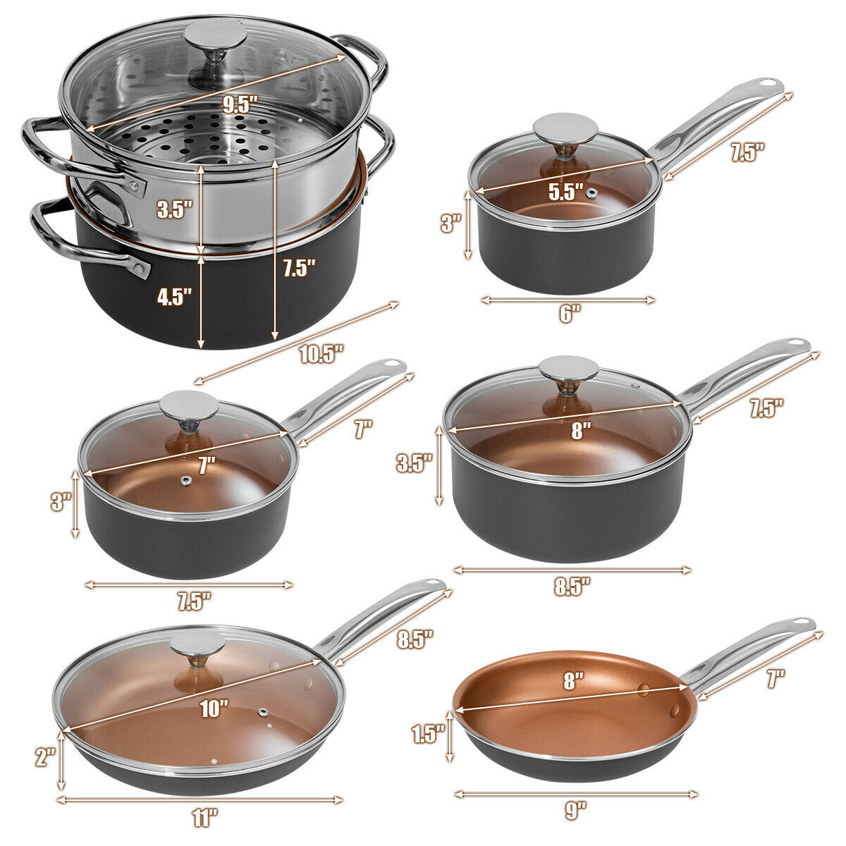 Technical diagram with orange arrows indicating dimensions in inches for stock pot, saucepans, fry pans, skillets, and