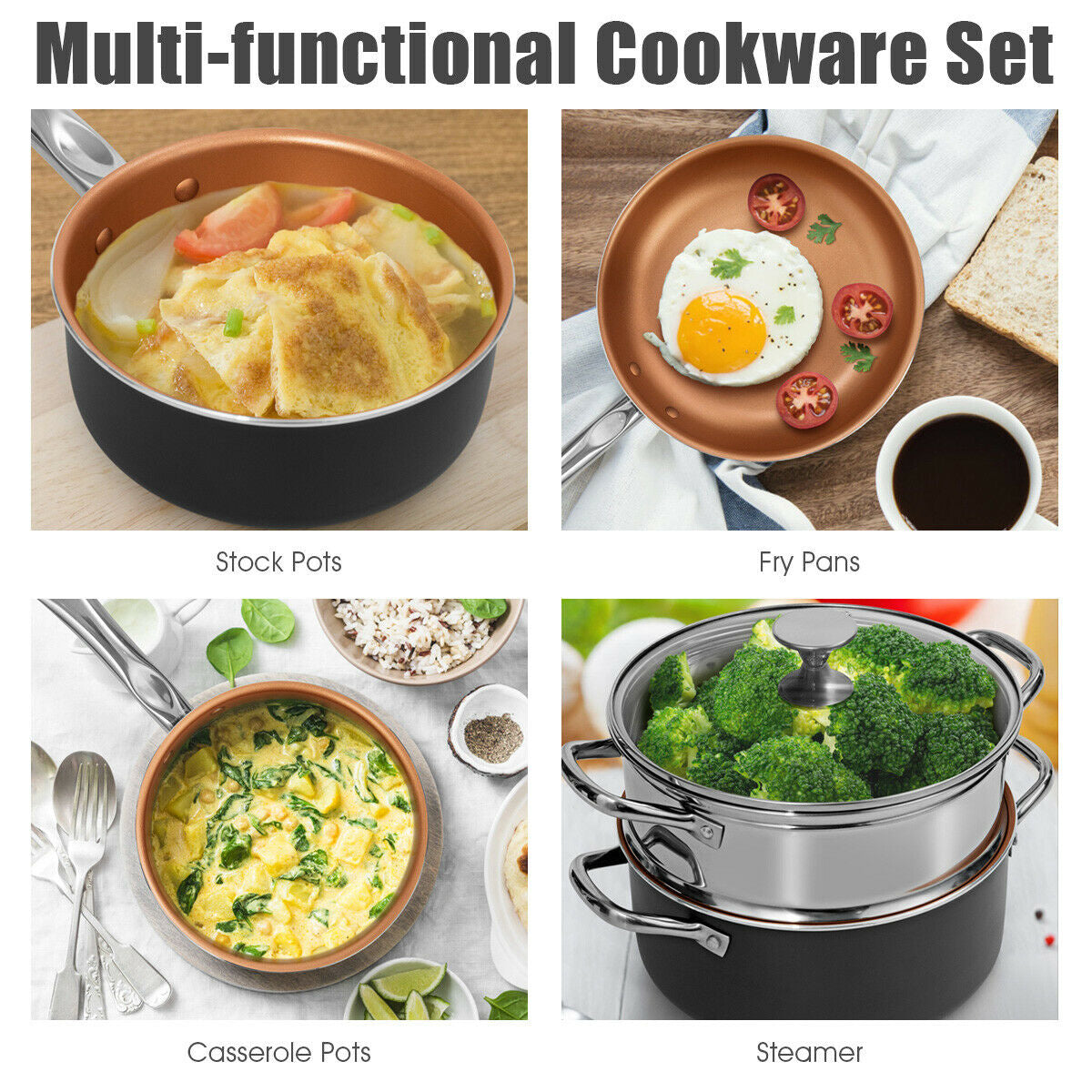 Collage showing four cooking applications: stock pot with soup, frying pan with egg, casserole with curry, and steamer with