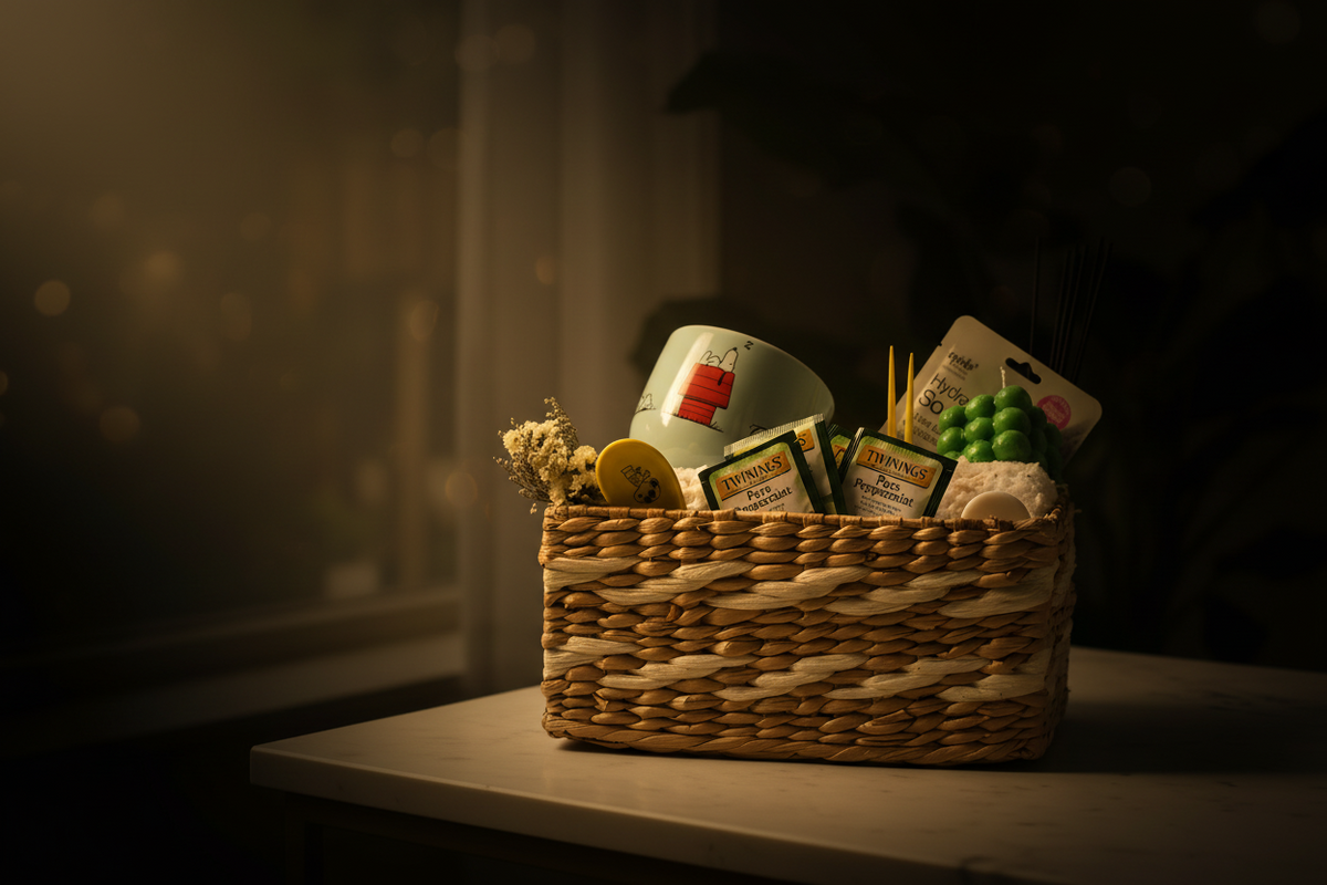 Woven gift basket with Snoopy mug and green bath products illuminated by side lighting in a dim room with bokeh lights