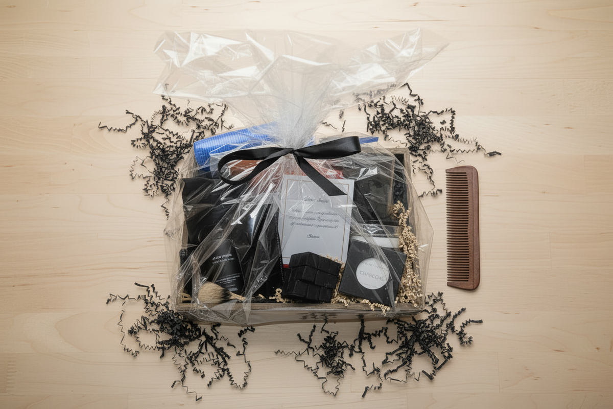 Overhead view of cellophane-wrapped wooden gift basket on wood surface with scattered black paper filler and comb