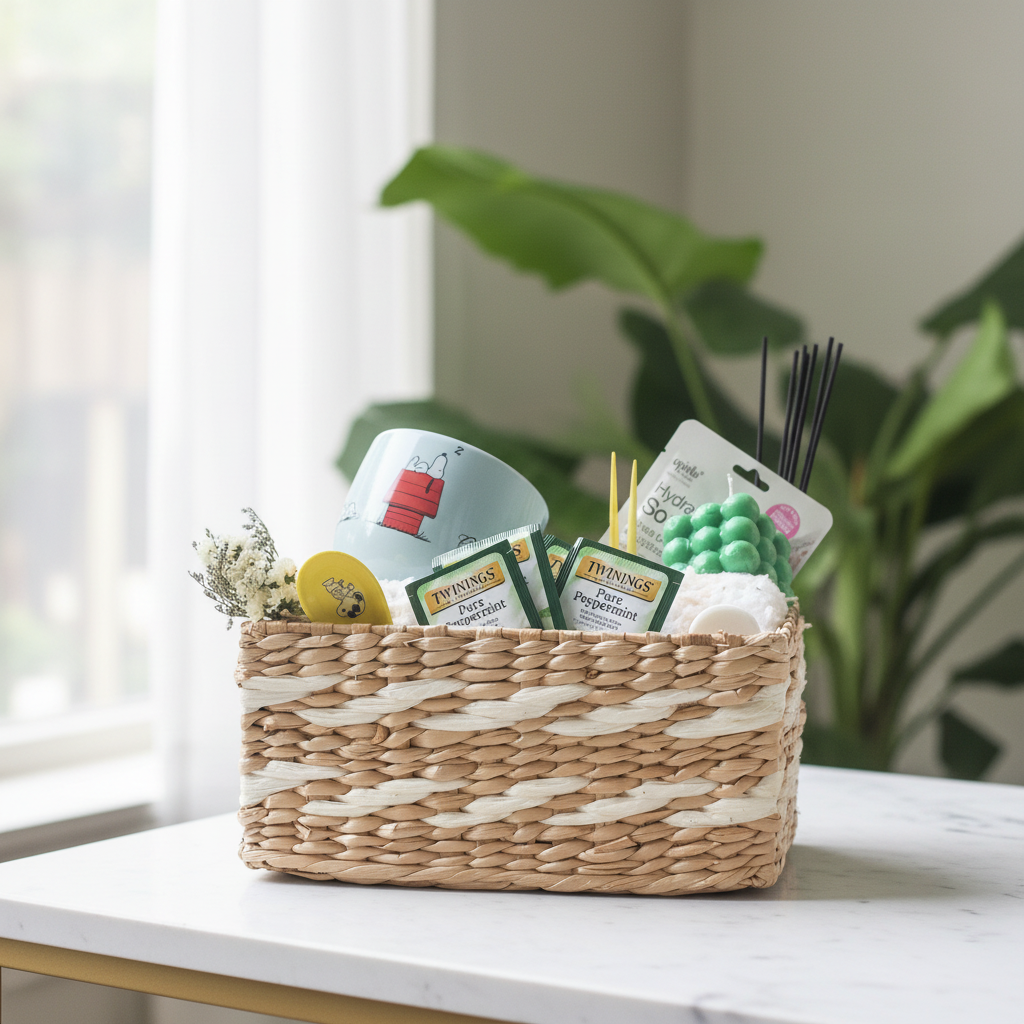 Woven basket on white marble containing blue Snoopy mug, peppermint tea bags, green bath bombs, yellow candles, and dried