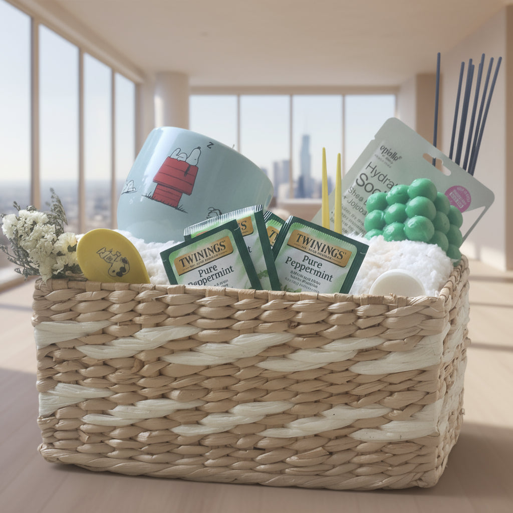 Close-up of woven basket with blue mug, tea packets, and green spherical accessories nestled in white filler near a window
