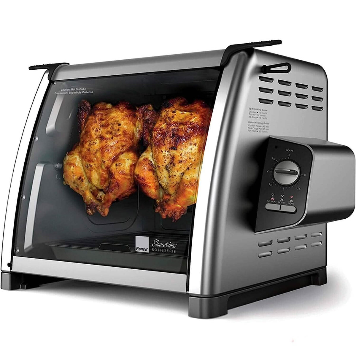 Silver and black Ronco rotisserie oven with glass door showing two golden-brown chickens on the spit