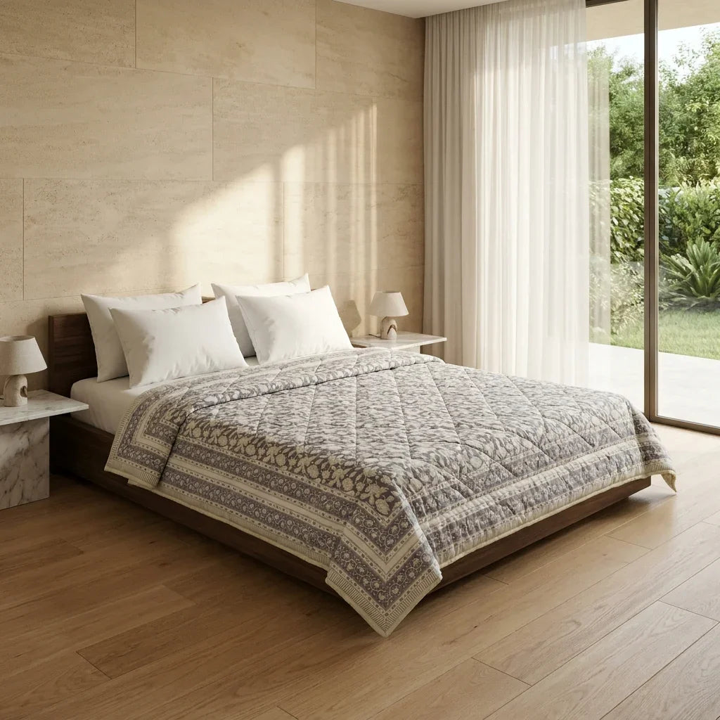 Cream and taupe floral hand block print comforter draped on a wooden bed against a beige stone wall with sunlight shadows