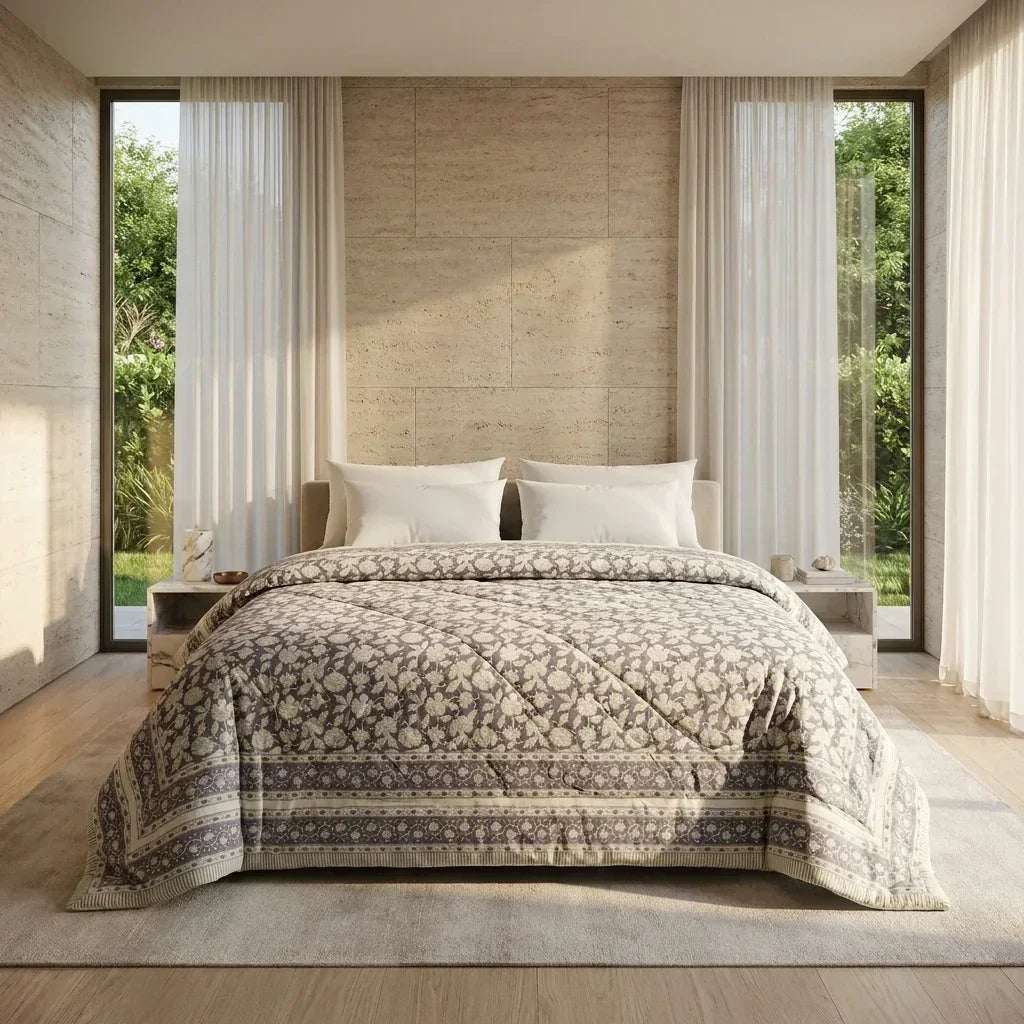 Symmetrical view of cream floral comforter spread on a bed between white drapes with striped foot border