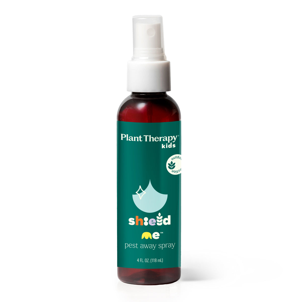 Amber spray bottle with white nozzle and teal label reading Plant Therapy Shield Me Pest Away on white background