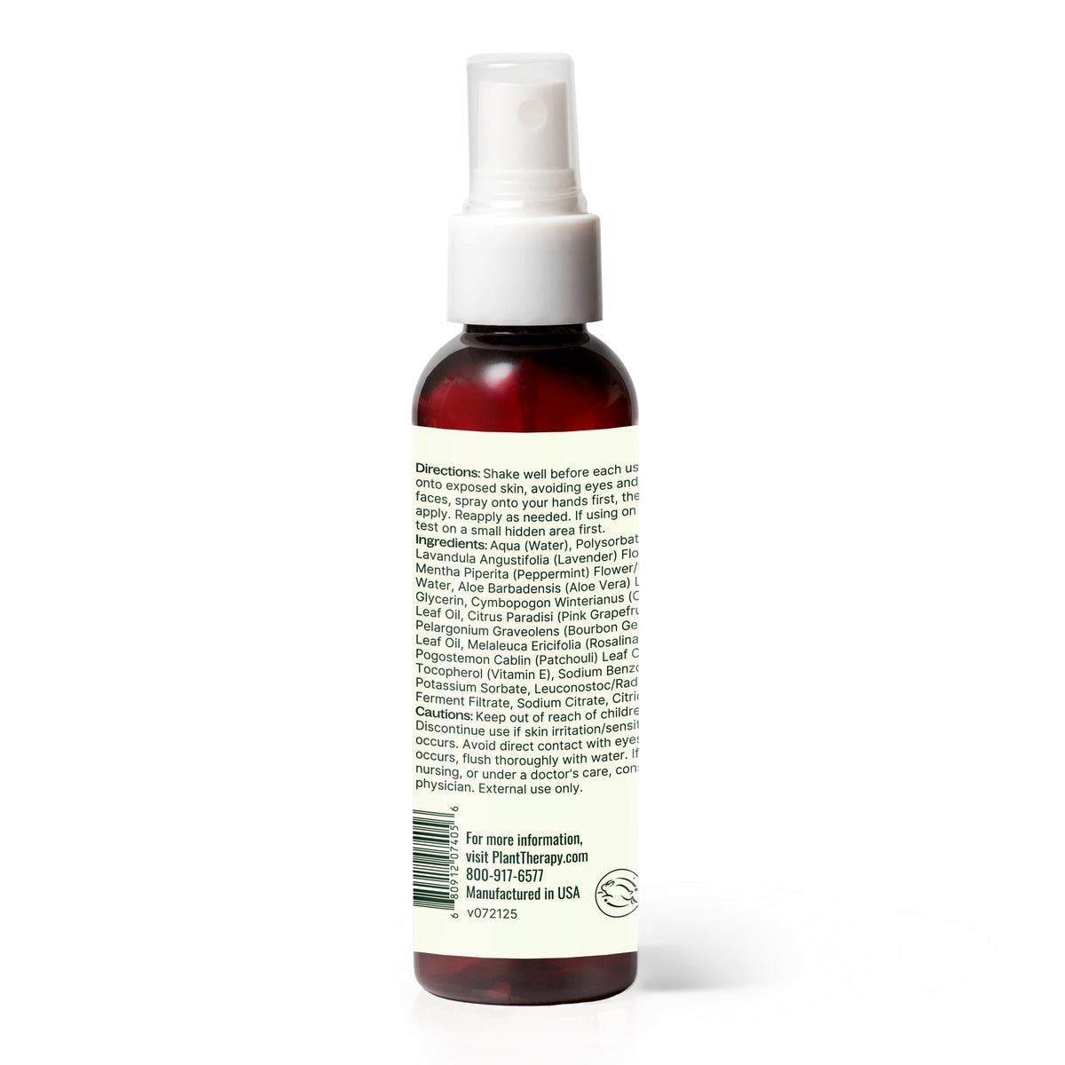 Back view of amber spray bottle on white background displaying ingredient list and directions