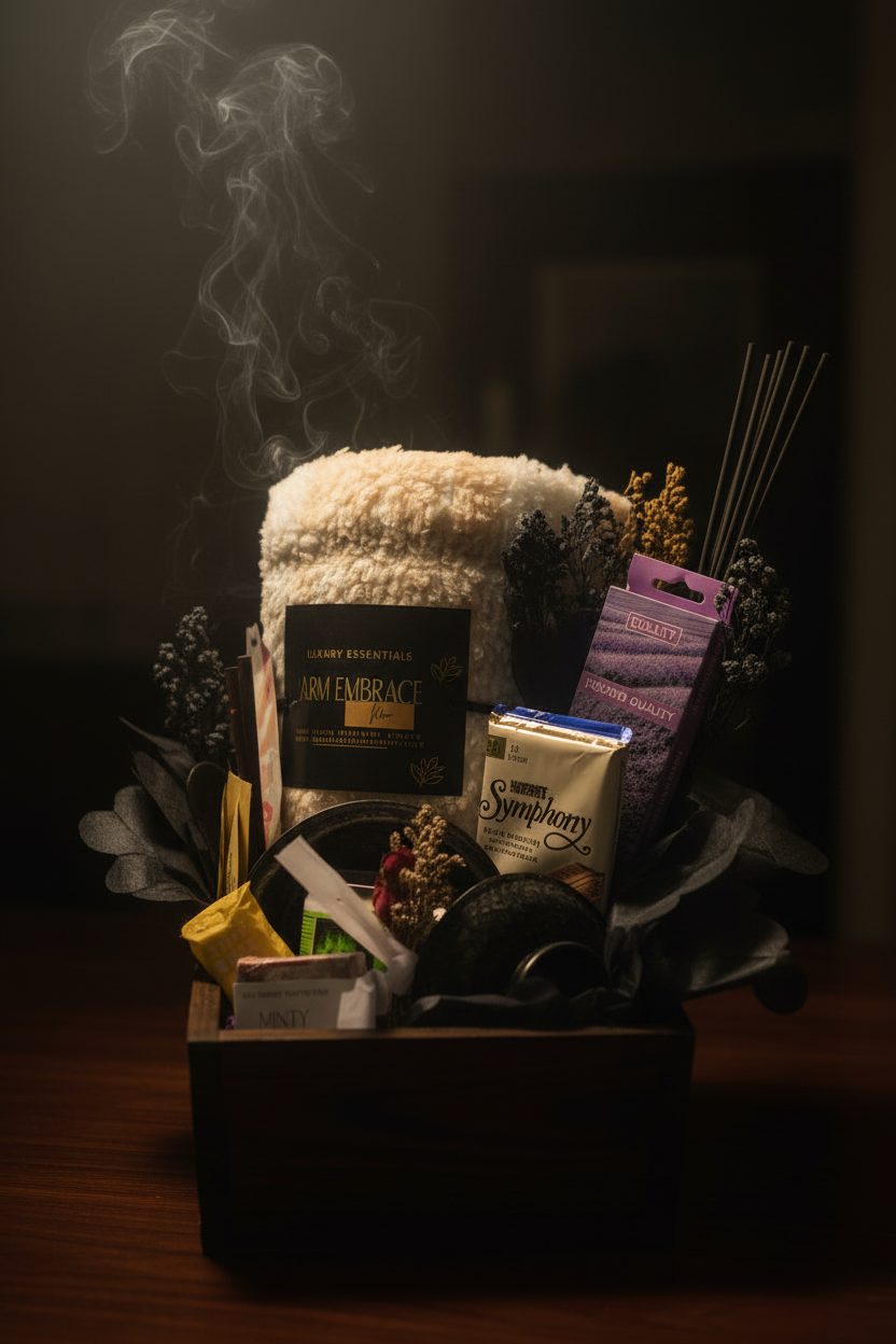 Dark wooden crate holding cream sherpa blanket, incense box, tea packet, and dried flowers with rising smoke against a dark