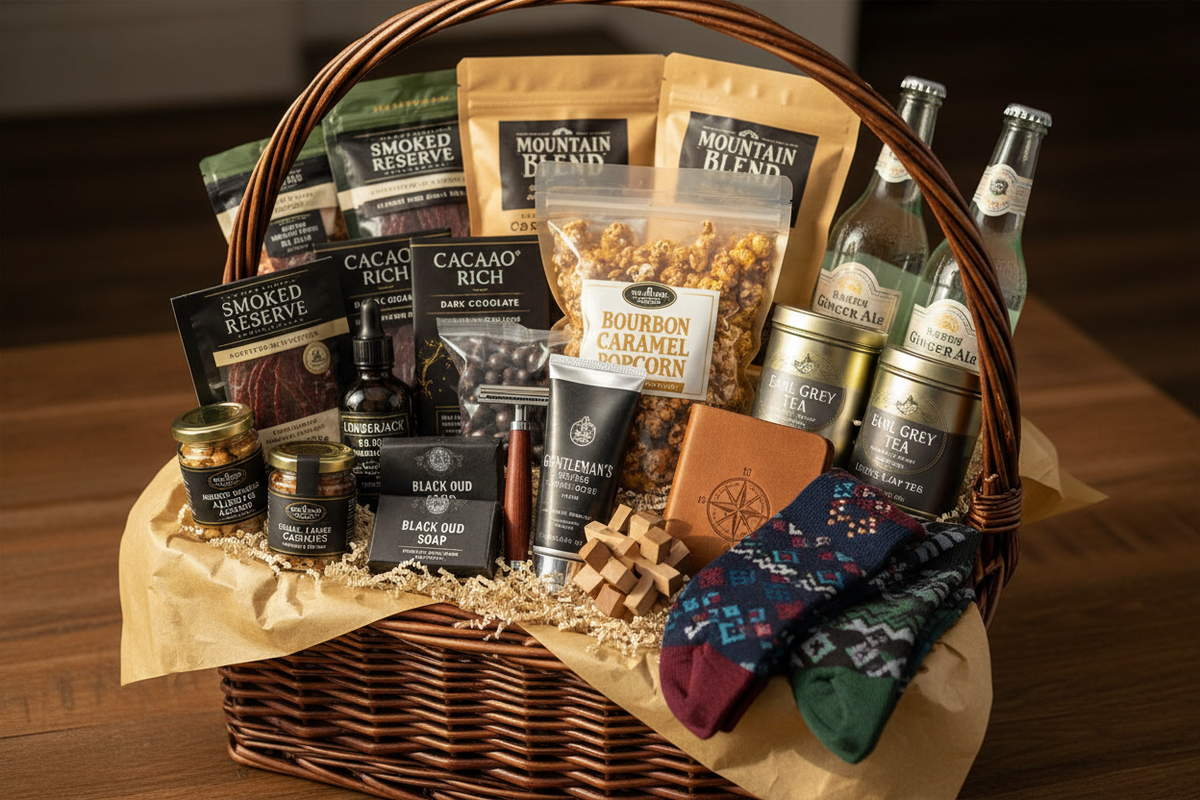 Wicker gift basket filled with jerky, popcorn, chocolate, hand cream, black soap, tea tins, ginger ale, socks, and cashews